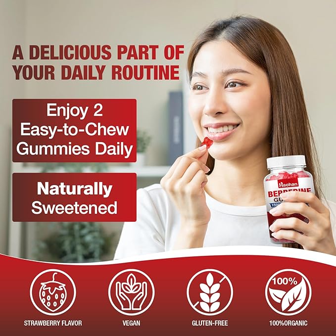 Haohan Berberine Gummies, 1500mg High Potency Berberine HCl, Ceylon Cinnamon, Milk Thistle, Immune System & Metabolism Support, Vegan, Strawberry Flavor, 120 Count