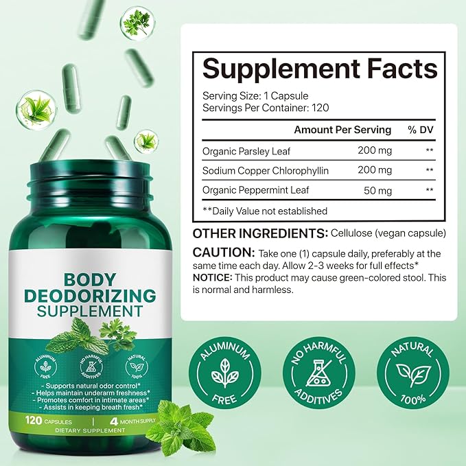 Chlorophyll Capsules | Body Deodorizing Supplement | Natural Internal Odor Control | with Chlorophyllin, Parsley and Peppermint | for Skin, Breath and Body Health | 4 Month Supply - 120 Caps