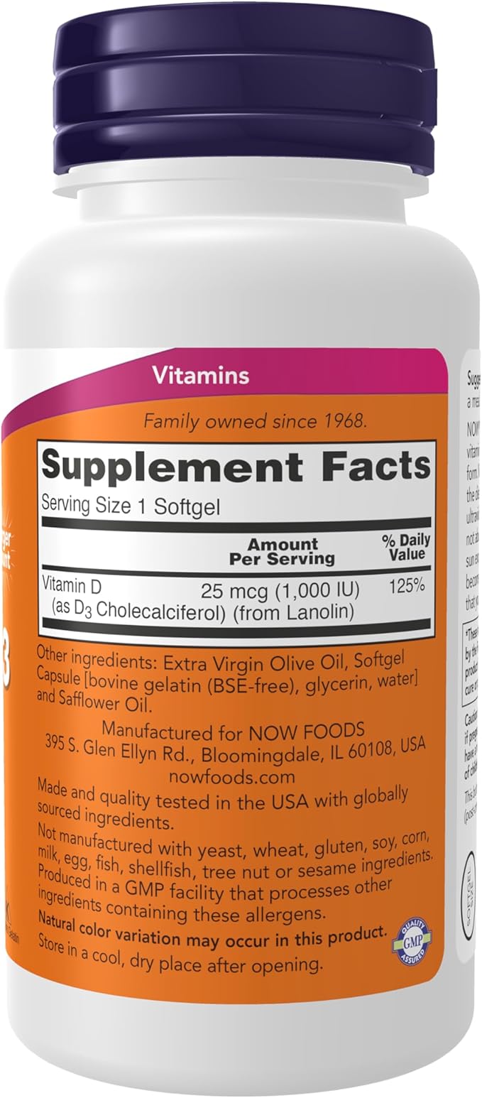 NOW Foods Supplements, Vitamin D-3 1,000 IU, High Potency, Structural Support*, 360 Softgels