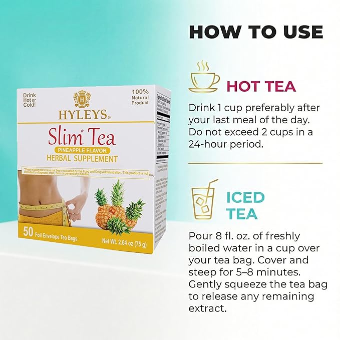 HYLEYS Slim Tea Weight Loss Herbal Supplement with Pineapple - Cleanse and Detox - 50 Tea Bags (1 Pack)