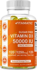 Vitamatic Sugar Free Vitamin D3 50,000 IU Weekly Supplement - 120 Pectin Based Gummies - Vitamin D Capsules for Bones, Teeth, and Immune Support (50000 IU)