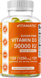 Vitamatic Sugar Free Vitamin D3 50,000 IU Weekly Supplement - 120 Pectin Based Gummies - Vitamin D Capsules for Bones, Teeth, and Immune Support (50000 IU)