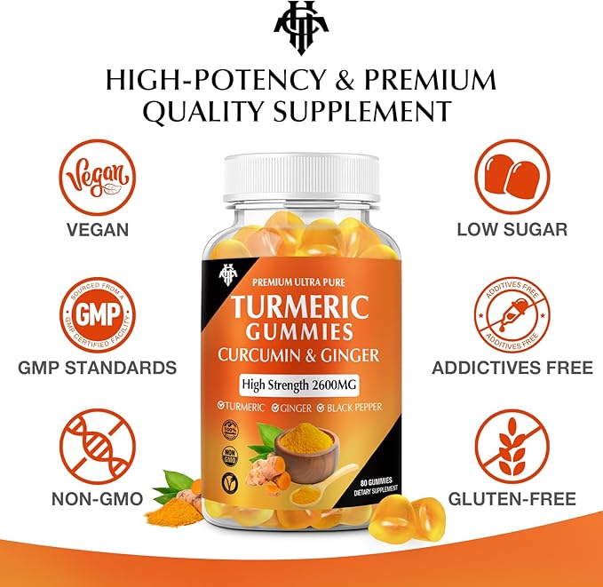 Turmeric Curcumin Gummies (2 Pack) - Turmeric Curcumin Supplements with Ginger & Black Pepper Gummies for Immune Muscle Support Healthy Skin - Vegan, Gluten Free, Low Sugar - for Adults