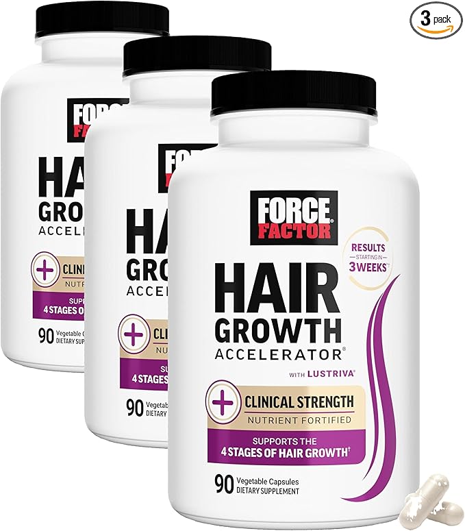 Force Factor Hair Growth Accelerator Multivitamin for Women & Men, with Lustriva, Biotin, Horsetail & Vitamins A, B12, C, D & E for Thicker Hair, Healthier Skin & Nails, 90 Capsules (Pack of 3)