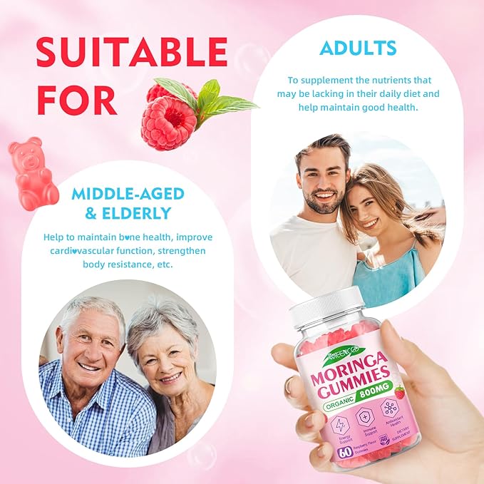 Moringa Gummies - Pure Moringa Leaf Supplement for Adults, Contains Essential Vitamins, Antioxidants & Amino Acids, Sugr-Free, Raspberry Flavor, 60 Count