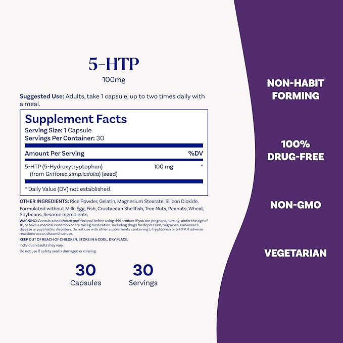 Natrol Mood + Stress 5-HTP 100 mg, Dietary Supplement for a Balanced Mood, Capsules for Adults, 30 Capsules, Up to a 30 Day Supply
