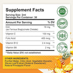 Liquid Iron Supplement for Women, Men & Kids, Liquid Iron Drops with Folate, Vitamin C, B6, B12 for Anemia, Red Blood Cell, Energy Support, Pineapple Flavor, 2 Fl Oz