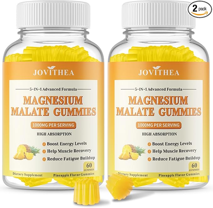 2 Pack Magnesium Malate Gummies 1000mg, High Absorption Magnesium Supplements for Adults & Kids, with L-Theanine, CoQ10 & Vitamin B6, Support Energy Production, Muscle Function, Non-GMO, Vegan, 120Ct