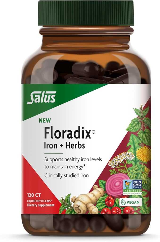 Floradix Iron + Herbs - Iron Supplement for Healthy Energy Support* - Supports Red Blood Cell Formation - Vegan, Non-GMO, Gluten-Free, Soy-Free - 120 Liquid Phyto-Caps