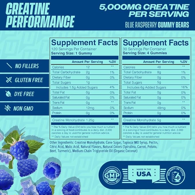 Creatine Monohydrate Gummies 5g with Prebiotic Fiber for Muscle Growth & Strength, 30 Servings, Blue Raspberry - Lab Tested - 5000mg Premium All Natural