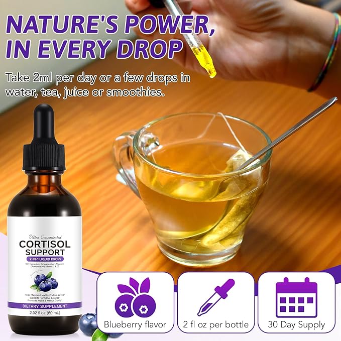 Cortisol Supplement for Women, Cortisol Support Liquid Drops with Ashwagandha, Magnesium & L-Theanine - Supports Stress Relief, Mood & Relaxation - 2.02 fl oz