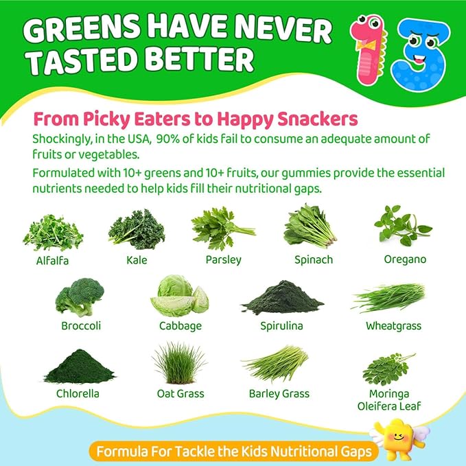 Kids Super Greens Gummies, w/Multivitamins, 20+ Veggie Fruit, Prebiotics, Calcium, Omega-3 (DHA/EPA), Kids Vitamins Greens Superfood Gummies for Picky Eaters Growth, Energy, Immune, Digestion, 1 Pack