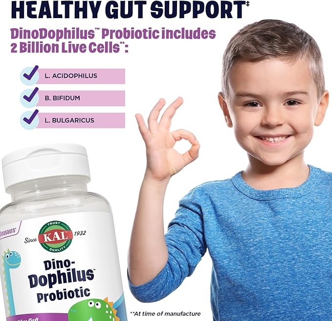 KAL DinoDophilus Probiotics for Kids - Chewable Kids Probiotic with 2 Billion CFU for Children's Gut Health and Digestion Support - Natural Black Cherry Flavor, 60 Chews