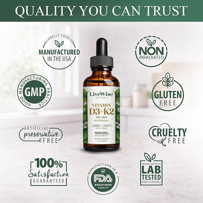 Live Wise Naturals Vitamin D3 K2 (MK-7) Peppermint Drops for Adults - 930 Drops, Ultra Concentrated Formulation, 1208 IU Vitamin D3, 25 MCG - Precision Micro-Dosing Dropper for Calcium & Bone Support