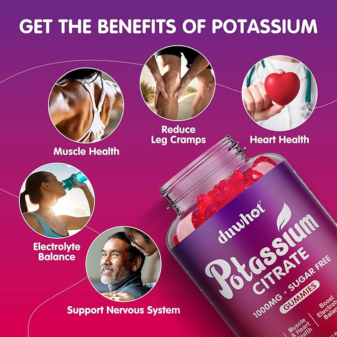 duwhot Potassium Citrate 1000mg Gummies, Potassium Supplement for Adults Women & Men, Support Leg Cramps & Muscle Health, 60 Chewables
