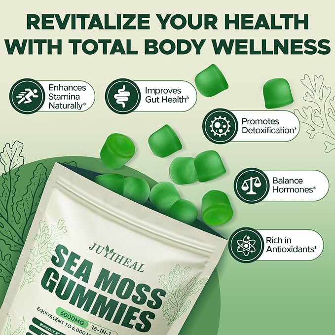 16 in 1 Sea Moss Gummies with Ashwagandha Black Seed Oil Bladder Wrack Turmeric Vitamin C & D3 with Manuka Burdock Root, Irish Sea Moss Gummies for Women & Men, Vegan Green Apple, 2 Pack