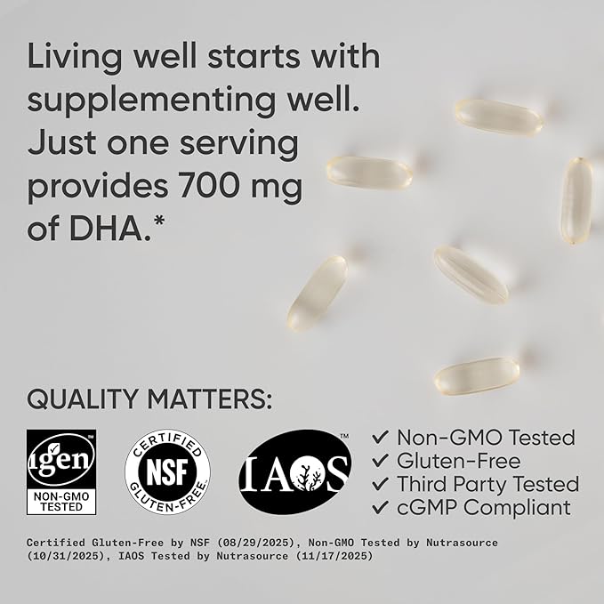 Sports Research® Vegan DHA 700mg - Cognitive Support, Brain Support, Supplement with Omega-3 DHA from Algae Oil - Vegan Certified · Non-GMO · Gluten Free - 90 Count Softgels