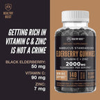 Sambucus Black Elderberry Gummies with Zinc and Vitamin C by Healthy Heist, 140 Gummies, Chewable Immune Support for Adults and Kids, Non GMO, Kosher, Pectin, Vegan, Delicious Berry Flavor