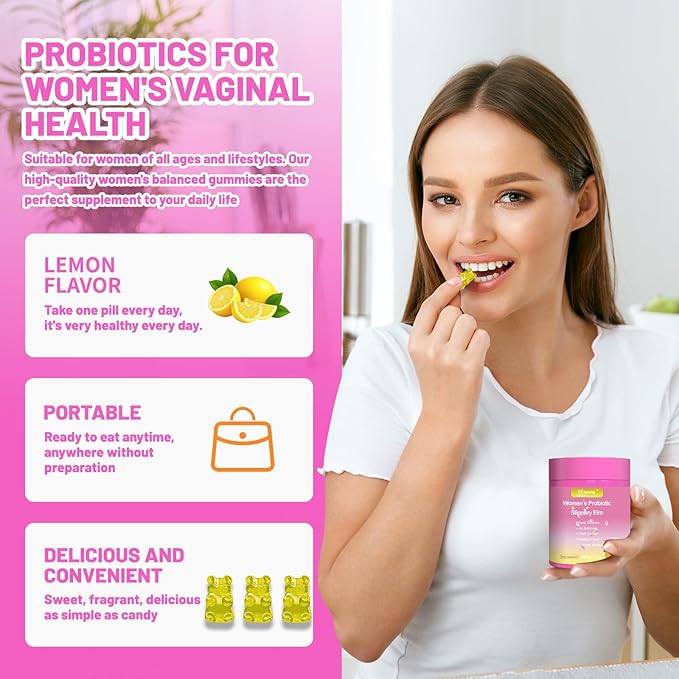 Her Juicy Feminine Probiotics Gummies for pH Balance - Slippery Elm, Lactobacillus Blend - Gut & Immune Support - Pineapple Gummies, 60 Count (Lemon)