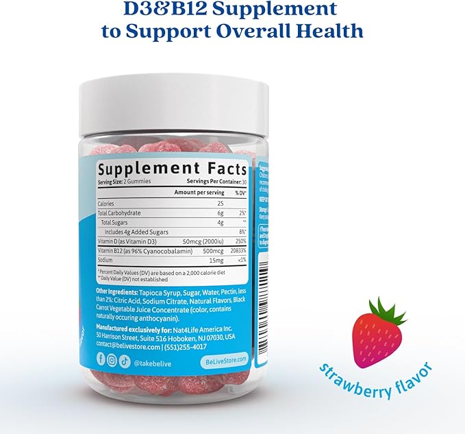 BeLive Vitamin D3 Gummies with B12 Vitamins - Immune Support Gummies with Vegan Vitamin B12 & D3, Provides Enhanced Bone & Muscle Strength, Hearth Health and Energy - Strawberry Flavor | 5-Pack