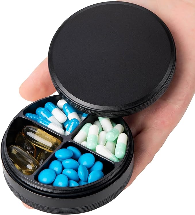 Metal Pill Case 4 Compartments - Travel Pill Organizer Waterproof, Small Pill Box for Purse, Compact Medicine Container Pill Dispensers Holder for Vitamin, Fish Oil, Supplement (Black)