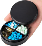 Metal Pill Case 4 Compartments - Travel Pill Organizer Waterproof, Small Pill Box for Purse, Compact Medicine Container Pill Dispensers Holder for Vitamin, Fish Oil, Supplement (Black)