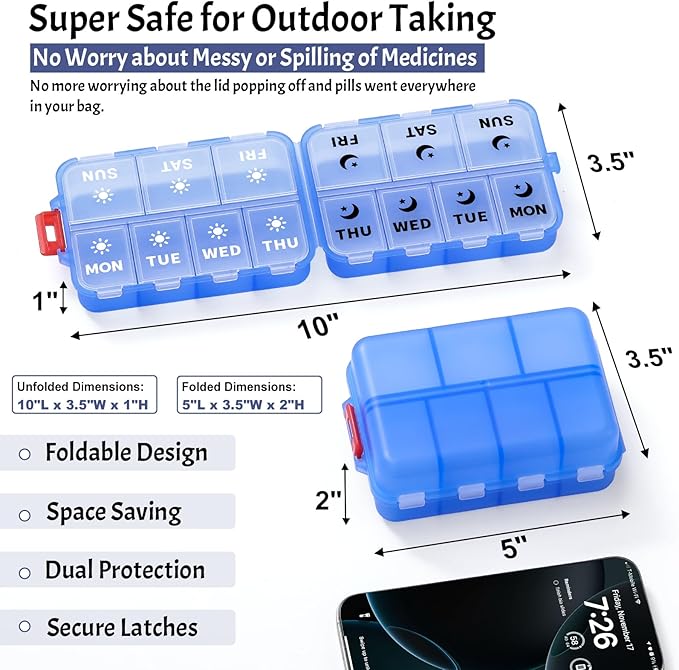 Foldable & Portable Weekly Pill Organizer 2 Times a Day with Clear Printed Labels - 7 Day AM PM Medicine Box, Week Daily Travel Pill Case Holder for Medications, Vitamin, Supplement - Clear Blue