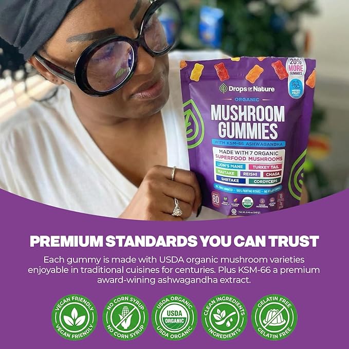 Drops Of Nature Lions Mane & Ashwagandha Gummies – Turkey Tail, Maitake, Reishi, Chaga, Shiitake, Cordyceps – Organic, Low Carb Superfood Gummies – 8 in 1 Mushroom Blend (Mixed Fruit, 80 Gummy Bears)