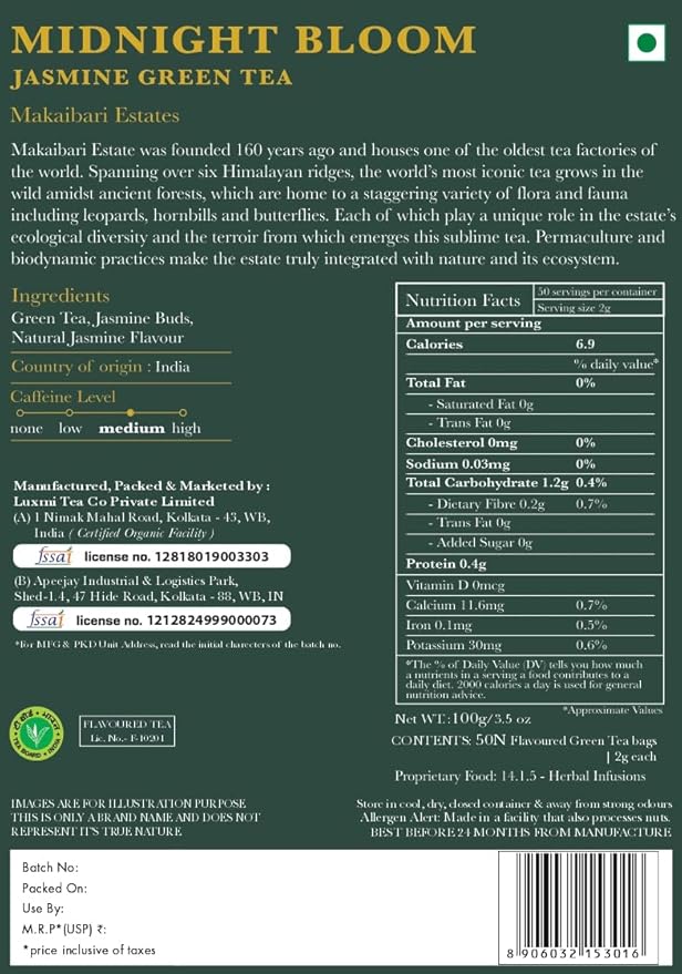 Luxmi Estates Midnight Bloom Jasmine Darjeeling Green Tea | 50 Biodegradable Teabags (50 cups)