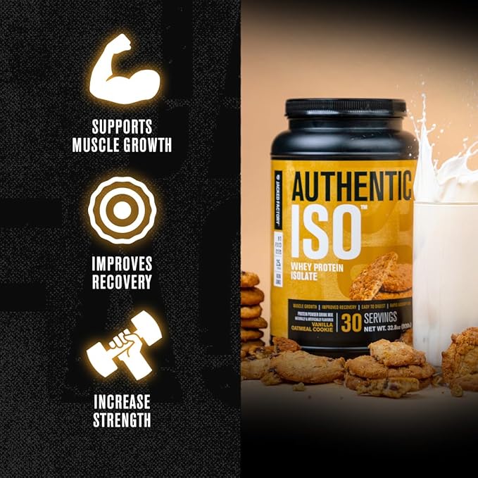Jacked Factory Authentic ISO Whey Protein Isolate Powder - Low Carb, Non-GMO Muscle Building Protein w/No Fillers, Post Workout Recovery - 30 Servings, Vanilla Oatmeal Cookie