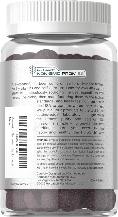 Horbäach Magnesium Glycinate Gummies | 60 Count | Sour Grape Flavor | High Absorption | Vegan, Non-GMO, Gluten Free