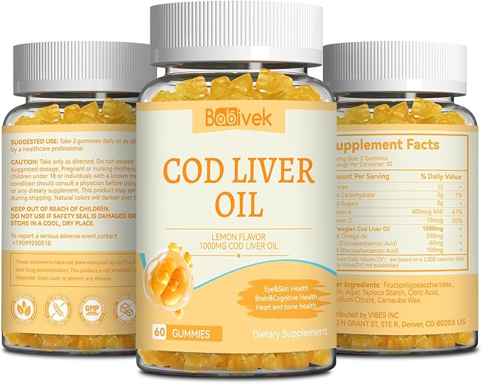 Cod Liver Oil Gummies 1000mg, for Adults & Kids with Omega-3 Vitamin A & D3, Fish Oil Supplement, Supports Eye Health, Brain Function & Bone Health, Sugar-Free, Non-GMO, Gluten-Free 60 Count