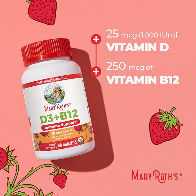 MARYRUTH'S Organic Vitamin D3 + B12 Gummies for Ages 4+ | Bone Health | Immune Support | Energy Metabolism | Cognitive Function | Vegan | Non-GMO | Gluten Free | 60 Servings | 2 Month Supply