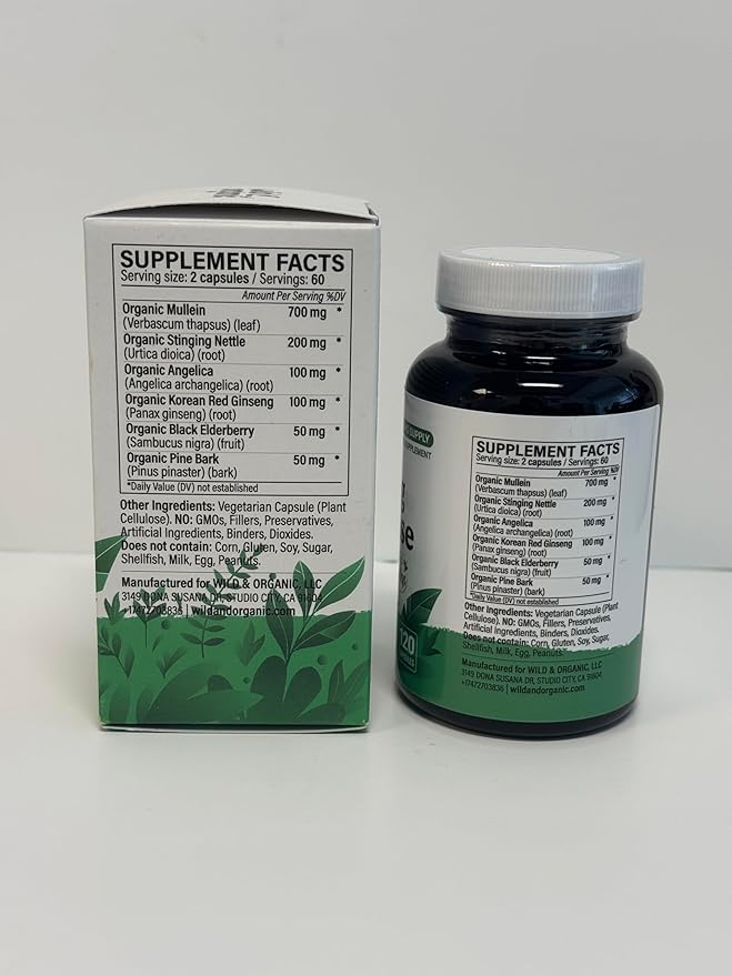 Wild & Organic Lung Cleanse Capsules - Lung Support Supplement with Mullein Leaf, Stinging Nettle, Angelica & Korean Panax Ginseng Powder - Vegan, No Fillers, Non-GMO - 120 Count