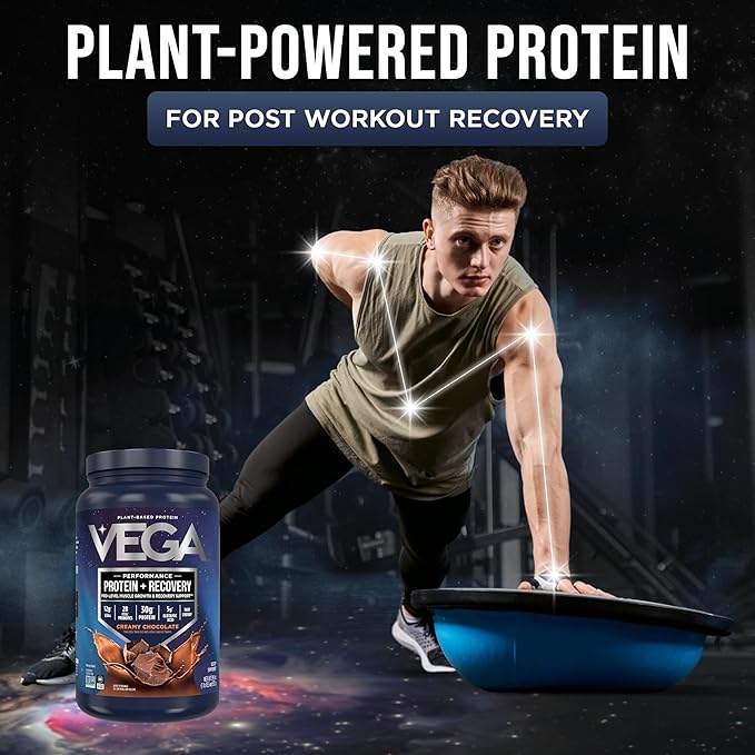 Vega Sport Vegan Protein Powder + Recovery - 30g Plant Based Protein per Serving, Chocolate, 19 Servings, 5g BCAAs, Probiotics, NSF Certified, for Shakes & Smoothies, 1.8lbs (Packaging May Vary)