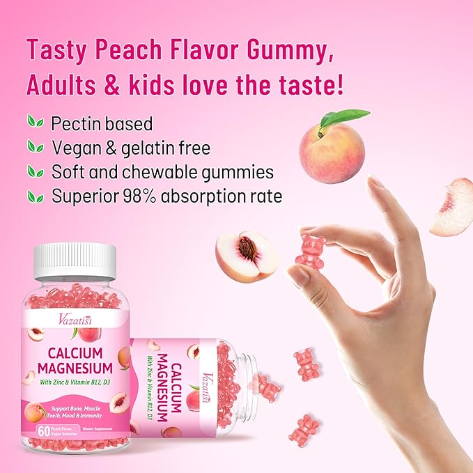 2 Pack Calcium Magnesium Zinc Gummies with Vitamin D3 B12, Calcium Supplements for Women Men, Peach Flavor 120 Cts