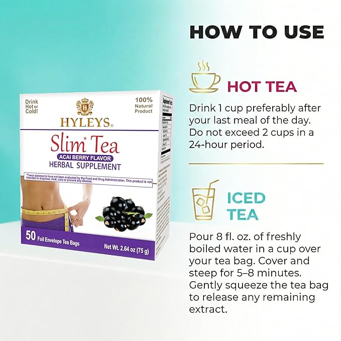 Hyleys Slim Tea Acai Berry 50 Ct - Weight Loss Herbal Supplement Cleanse and Detox - 50 Tea Bags (6 Pack)