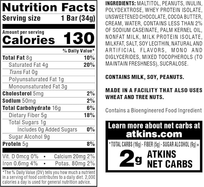 Atkins Endulge Caramel Nut Chew Bar, Dessert Favorite, 1g Sugar, Good Source of Fiber, 5 Count (Pack of 2)