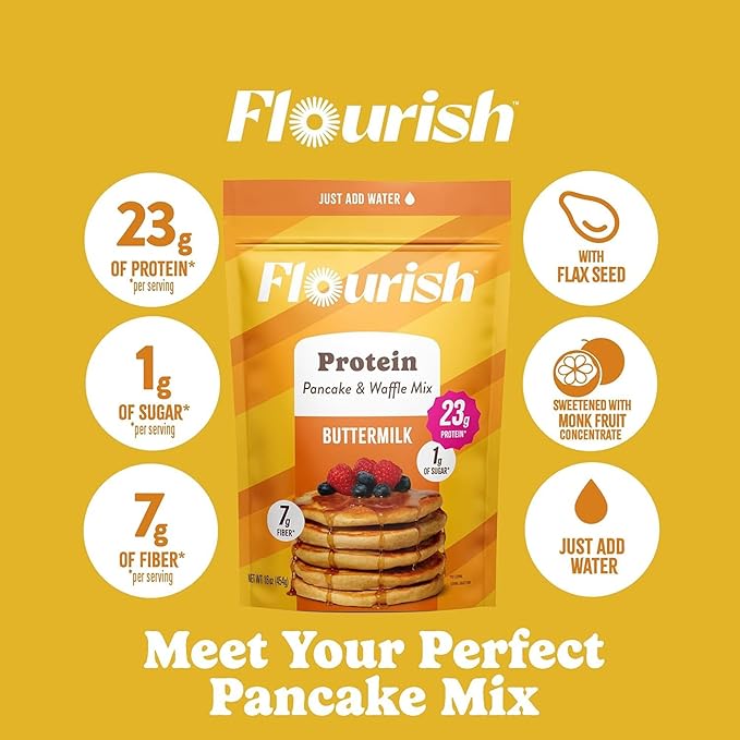 Flourish Protein Pancake & Waffle Mix, with Whey Protein & Flax Seed, No Added Sugar, High in Protein & Fiber - Just Add Water - Buttermilk Flavour, 16 oz (2 Pack)
