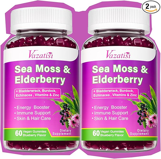 2 Pack Elderberry Gummies with Sea Moss, Extra Strength Elderberry with Vitamin C, Zinc for Immune Support for Adults, Kids, Women & Men, Blueberry Flavor 120Cts