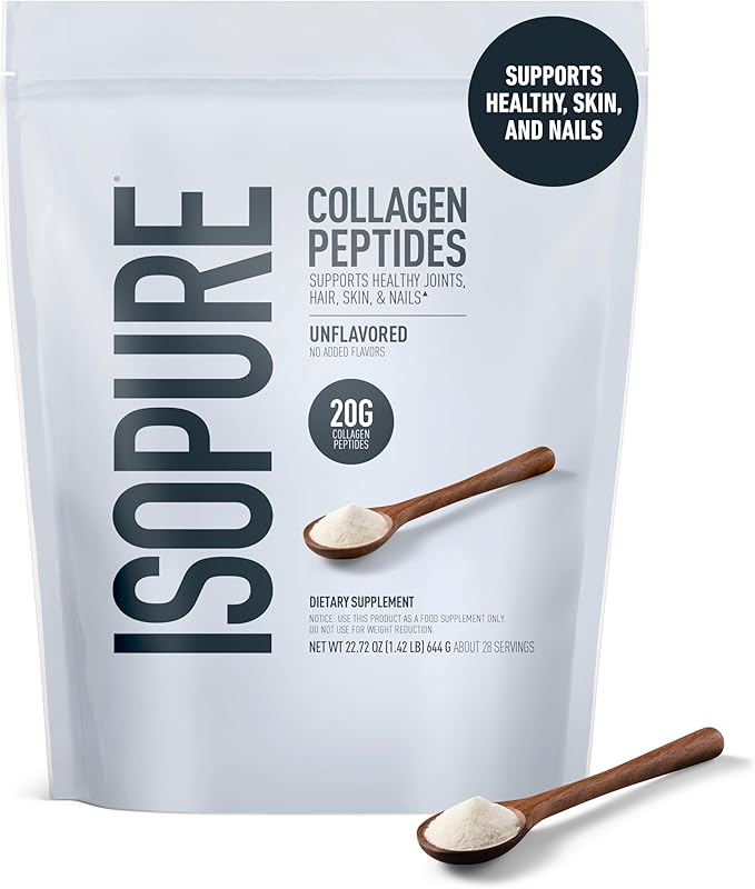 Isopure Collagen Peptides Powder, Promotes Hair, Nail, Skin and Joint Health, with Vitamin C and Biotin, Unflavored, 20g Collagen Peptides Per Serving, 1.42 Lb, 28 Servings (Packaging May Vary)