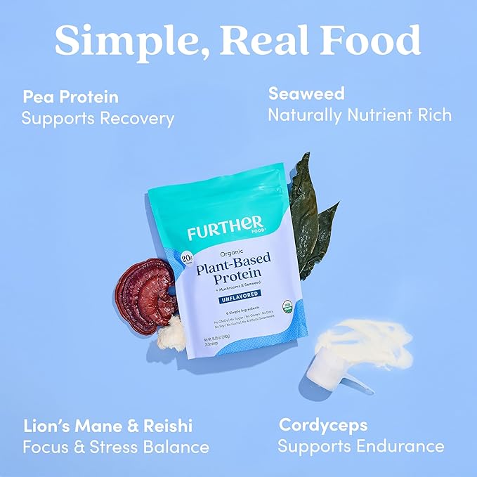 Further Food Organic Vegan Protein Powder Unflavored – 20g Pea Protein with Mushrooms & Seaweed, Non-GMO, Gluten Free, Sugar Free, 20.46 Oz