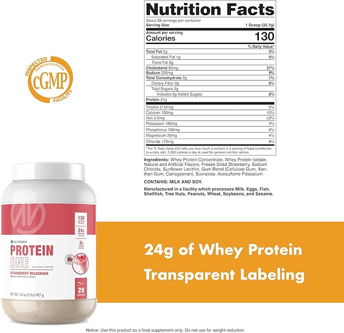NutraOne ProteinOne Whey Protein Promote Recovery and Build Muscle with a Protein Shake Powder for Men & Women (Strawberry Milkshake, 2 LB)