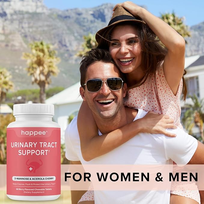 Happee Urinary Tract Health Supplement for Women & Men – Fast-Acting UTI Relief and Prevention, 500mg D-Mannose & Antioxidants, Supports Kidney and Bladder Health, Berry Flavor, 60 Chewables