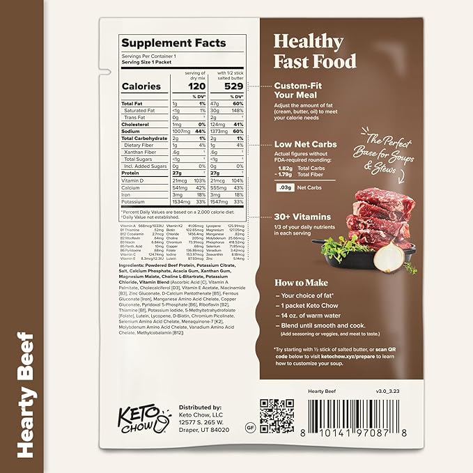 Keto Chow Hearty Beef - Keto Soup Base Powder - Nutritionally Complete - Low Carb - Protein Rich - You Choose The Fat - Single Meal
