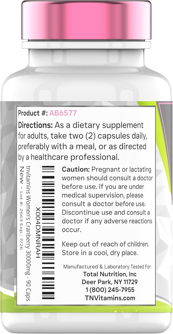 tnvitamins Cranberry Pills for Women: 600 mg of 50:1 Cranberry Concentrate Extract - 90 Capsules | Urinary Tract Health & Support* | Supplement for Women | Non-GMO | Made in the USA!