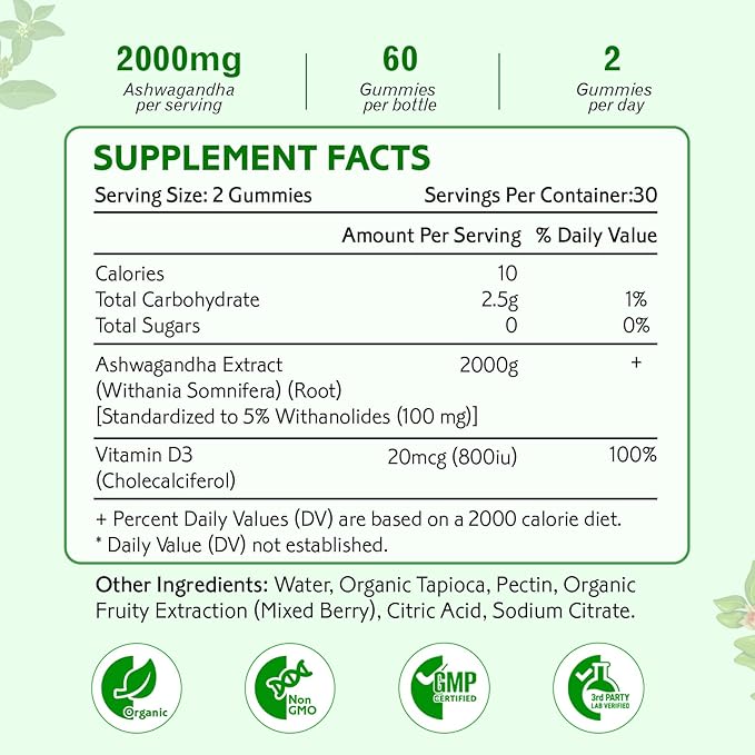 Ashwagandha Gummies, Extra Strength Vitamin D3, Organic Ashwa Root Extract Supplement for Calm Mood Relaxation & Immune Support, Mixed Berry Vegan Sugar Free Chews 60 Count