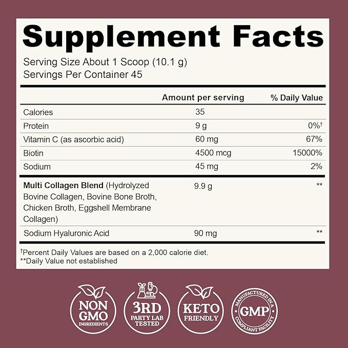 Multi Collagen Peptides Powder Types I, II, III, V, X Multi Collagen Protein Powder with Hyaluronic Acid, Biotin, Vitamin C, For Skin Hair Nails Joints and Gut Health - Keto, Non-GMO Supplement