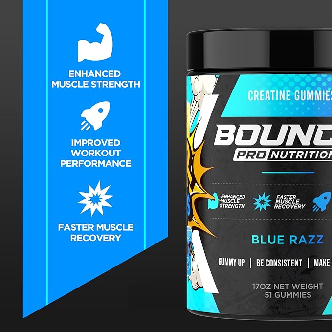 Bounce Pro Creatine Monohydrate Gummies for Men & Women, Low Calorie, 6G of Creatine per Serving, Vegan, Anti-Melting, Gluten-Free, Non-GMO, 2g of Creatine per Gummy (51ct, Blue Razz)