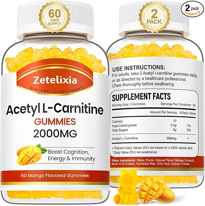 2 Pack Acetyl L-Carnitine Gummies, L-Carnitine Supplement for Women & Men, Nutrition Supplement for Boost Energy, Immunity & Brain Health, Vegan, Non-GMO, Mango Flavor, 120 Count